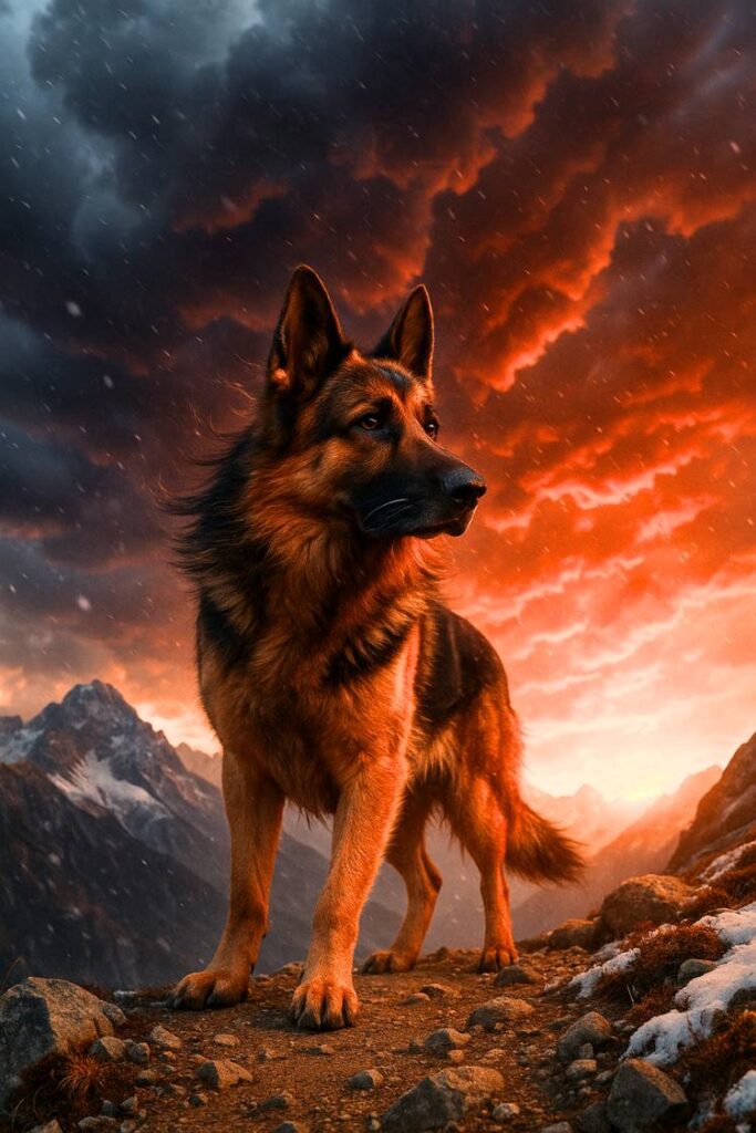 German Shepherd standing on a rugged mountain trail with wind in its fur and storm clouds in the sky—reflecting raw, natural power and resilience.