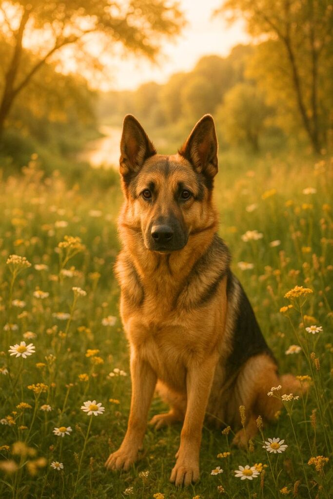 A sweet German Shepherd soaks in the calm of a wildflower meadow, surrounded by nature’s gentle beauty.