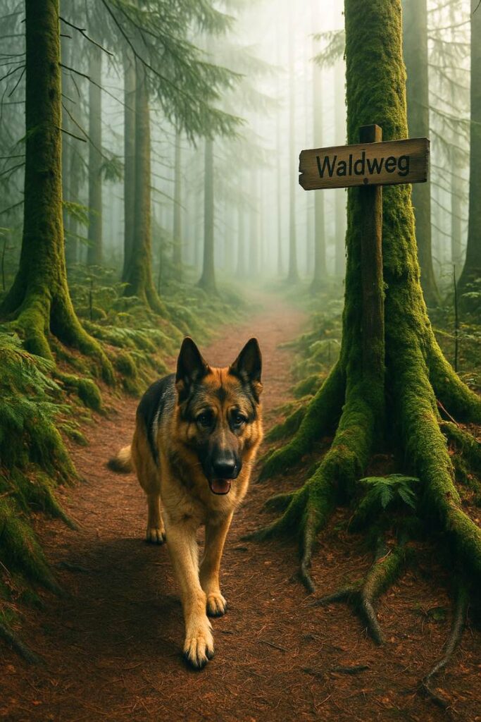 A German Shepherd walking through a misty trail in the Black Forest surrounded by mossy trees.