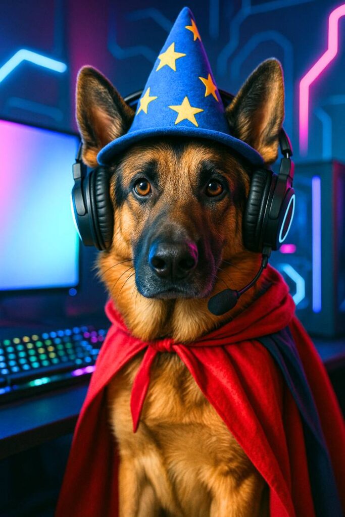 German Shepherd in gamer headphones and a superhero cape sitting in front of a glowing computer screen.