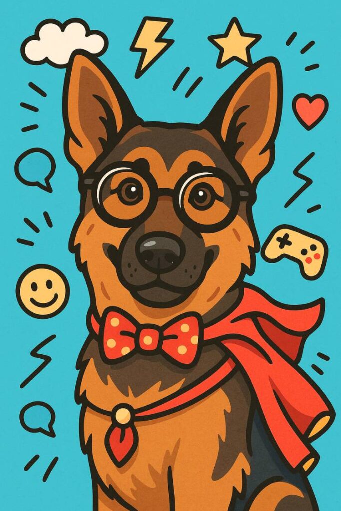 A fun-loving GSD wears cartoon-style glasses and a tiny superhero cape against a playful, colorful backdrop.