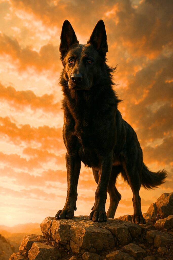 Powerful black German Shepherd on a cliff edge at sunrise, looking into the distance.