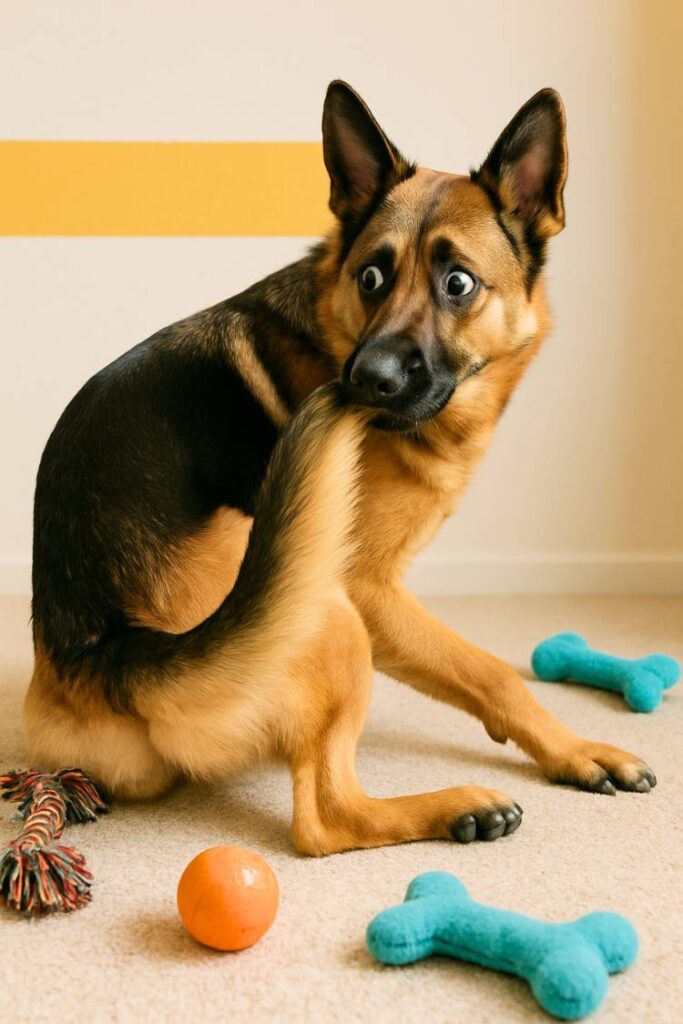 German Shepherd mid-roll on the floor with scattered toys and a quirky expression, caught in a funny moment.