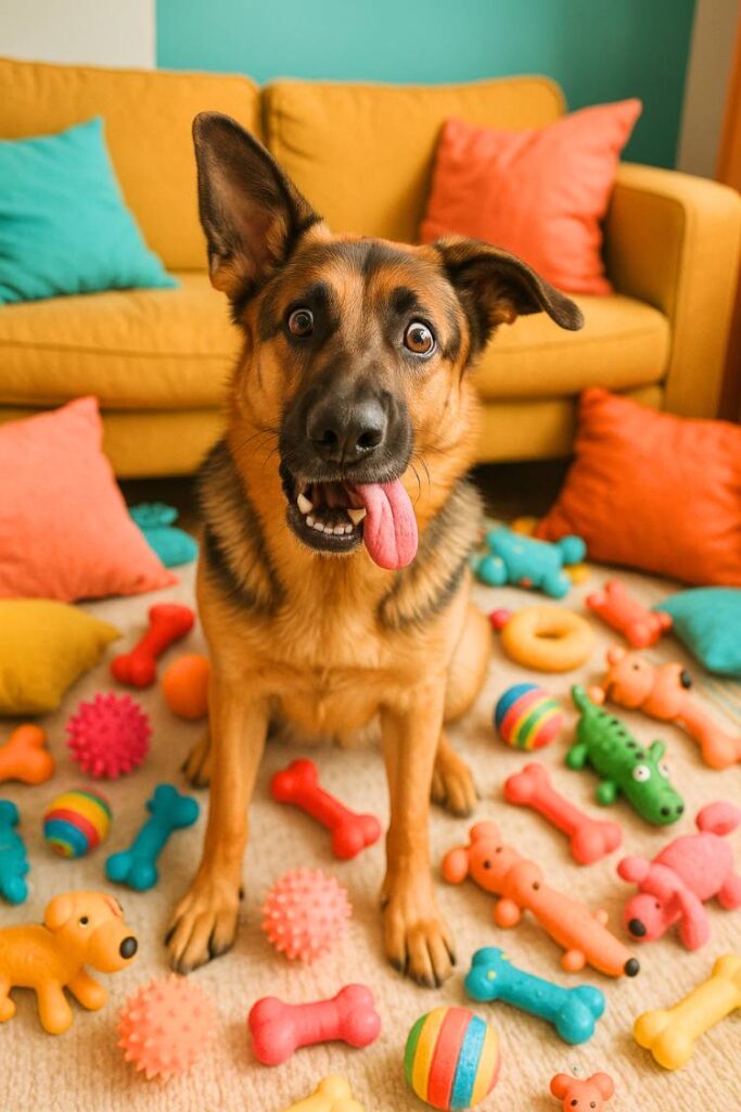 Goofy-looking German Shepherd with tongue out, one ear up, surrounded by squeaky toys and scattered pillows.