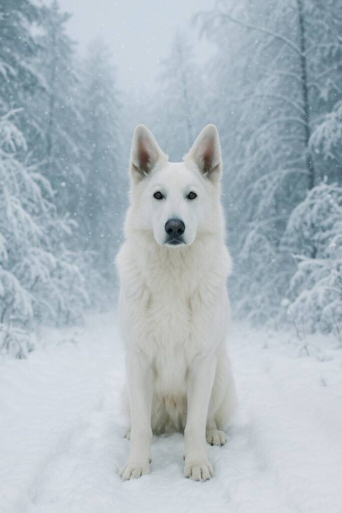 White German Shepherd standing in a winter forest with snow falling and frosted trees