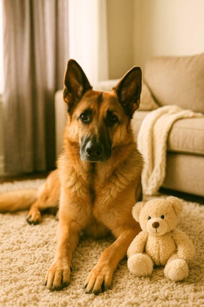 A cozy afternoon indoors—this gentle GSD rests peacefully beside a favorite soft toy and sunlit window.