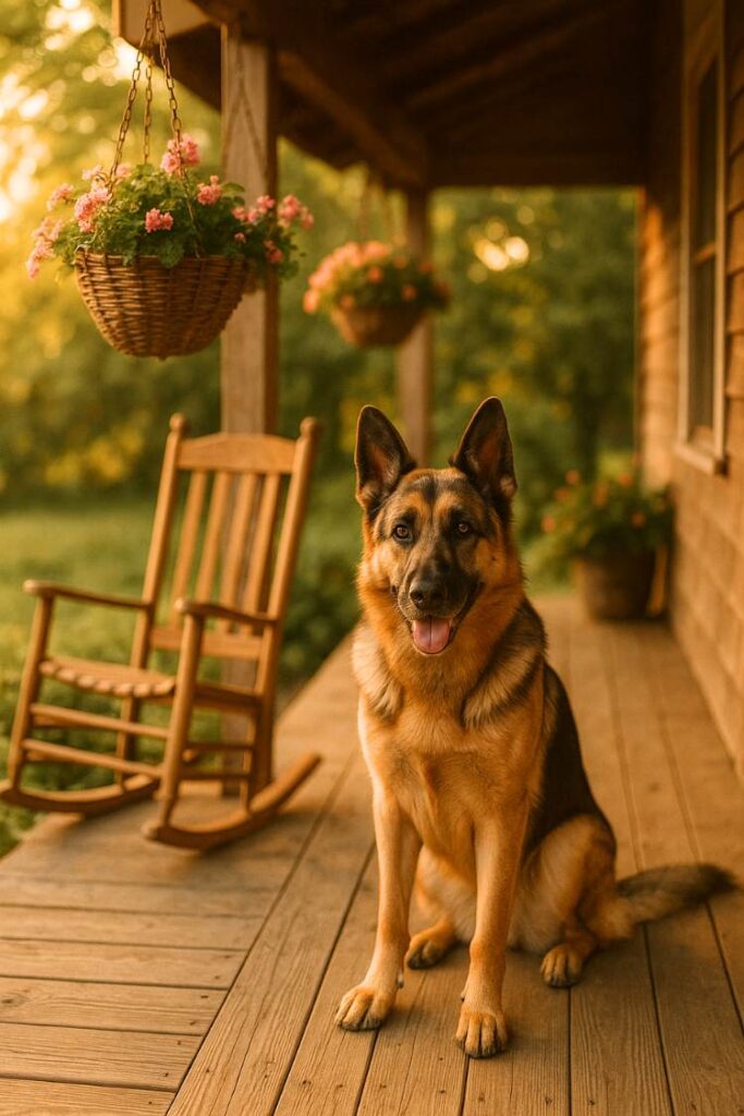 A German Shepherd sitting on a rustic porch with a rocking chair and hanging flower baskets.