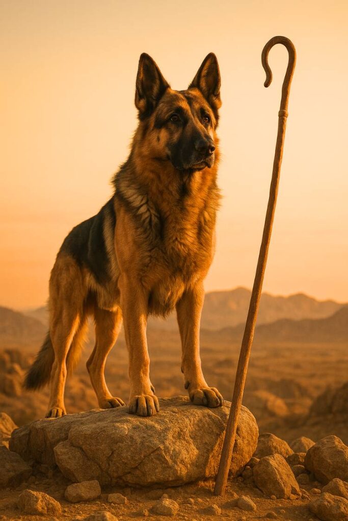 Male German Shepherd on rocky terrain at sunrise with a biblical warrior vibe.