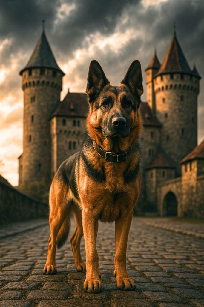 A powerful German Shepherd standing alert near a medieval German castle under stormy skies.