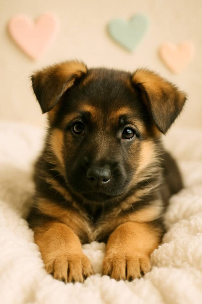 A gentle GSD puppy lies on a white fluffy blanket surrounded by pastel hearts, looking dreamy and relaxed.