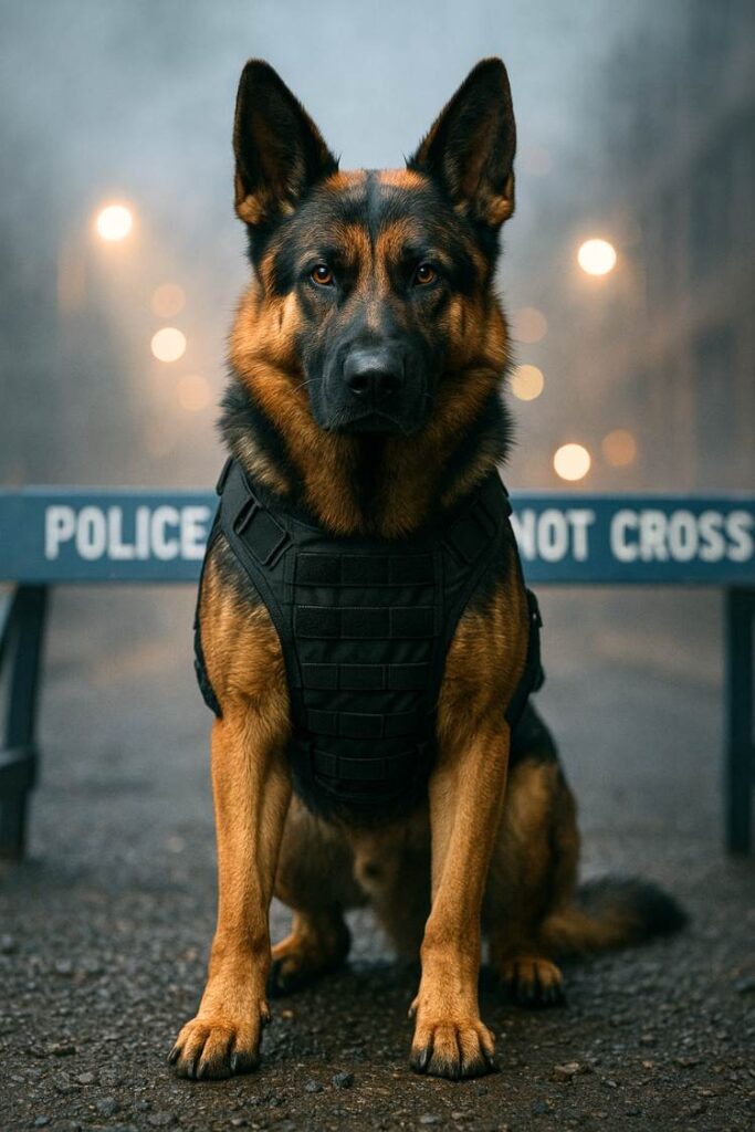 German Shepherd in a black tactical vest standing on gravel near a police barricade in low light.