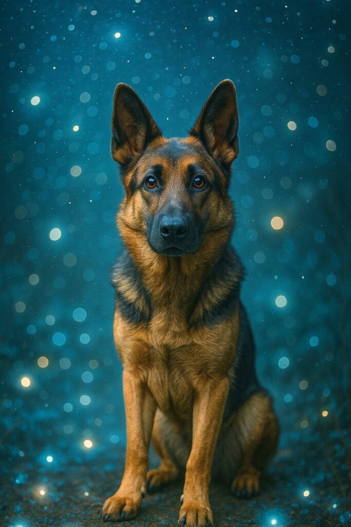 A curious GSD explores a dreamy, starry scene with glowing lights and a magical atmosphere.