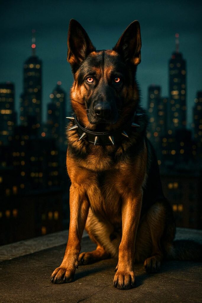 Fierce German Shepherd on a rooftop at night with dramatic lighting