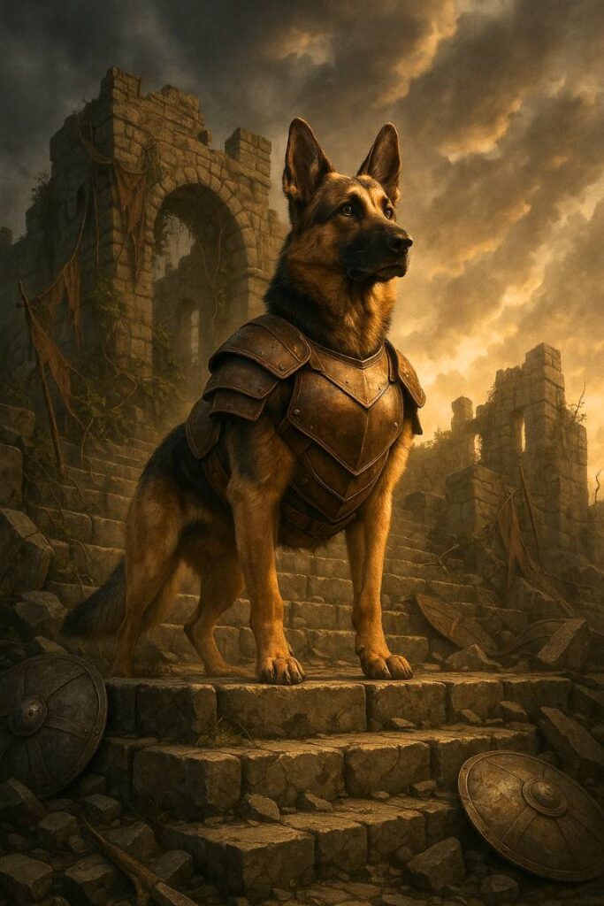 image of a German Shepherd in bronze warrior armor, standing on stone steps in front of a ruined fortress, with stormy skies and fallen banners creating a dramatic battle-ready scene.