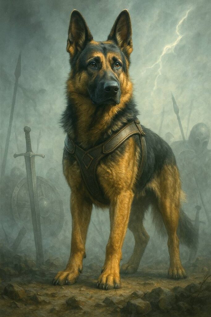 German Shepherd standing in a foggy battlefield, wearing a warrior-style collar—capturing the fearless spirit of historical fighters and battle-ready protectors.