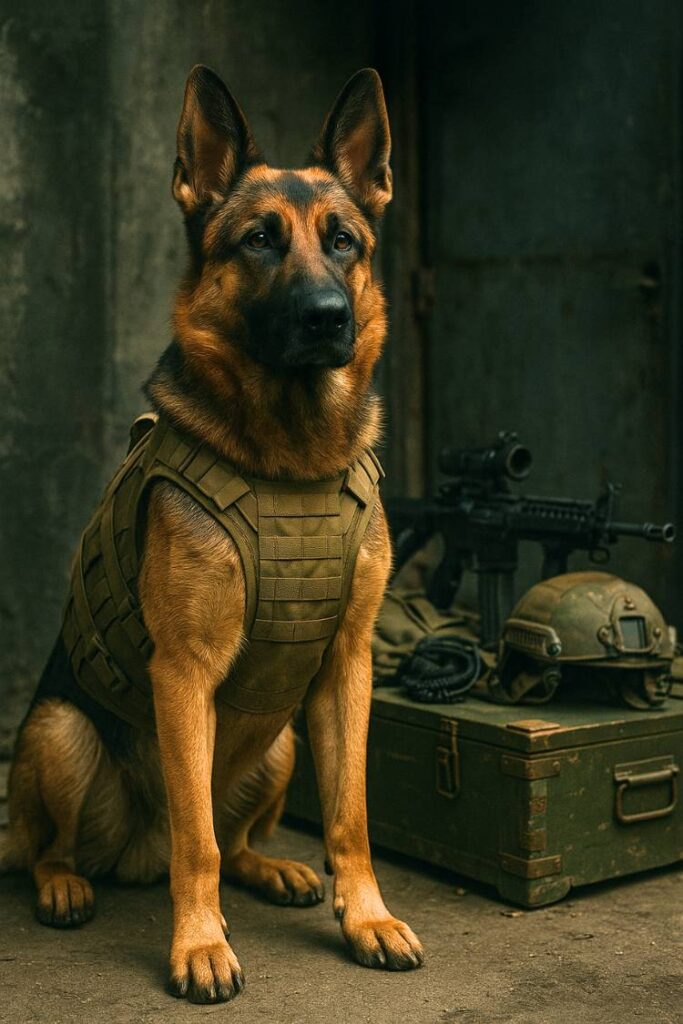 Fully geared and focused, this shepherd looks like it just stepped out of a high-stakes mission—built like a weapon of loyalty.