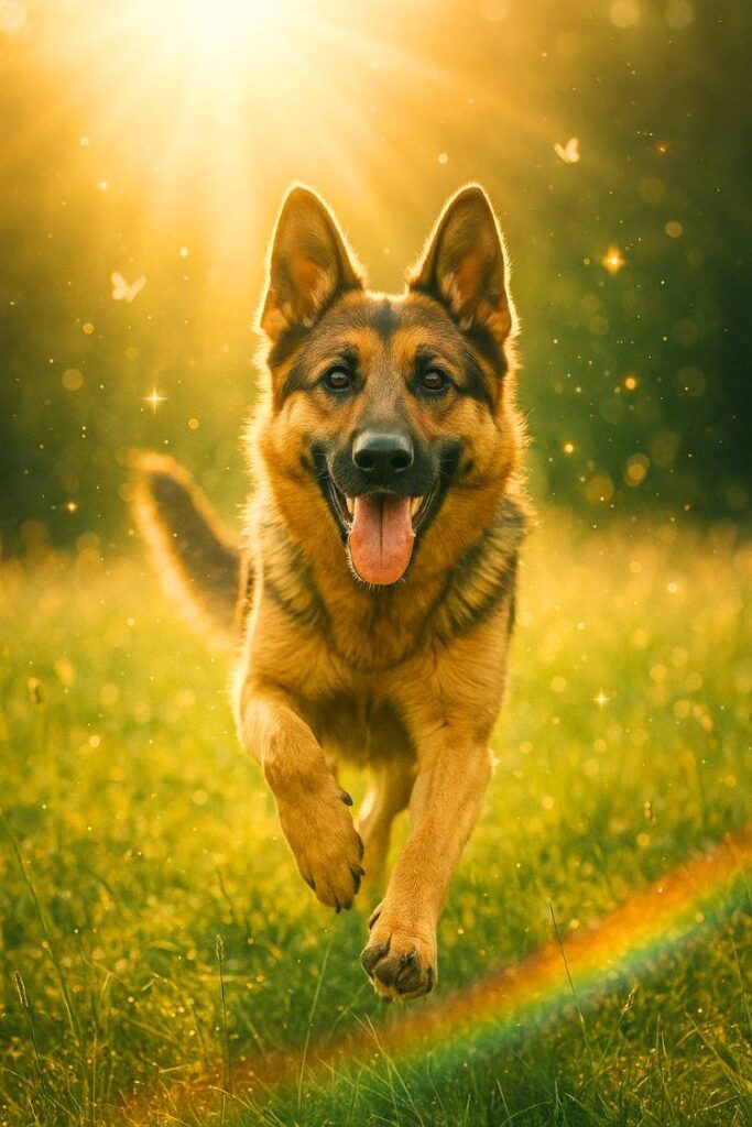 With sunlight streaming behind, this joyful GSD runs free through a glowing field full of feel-good energy.
