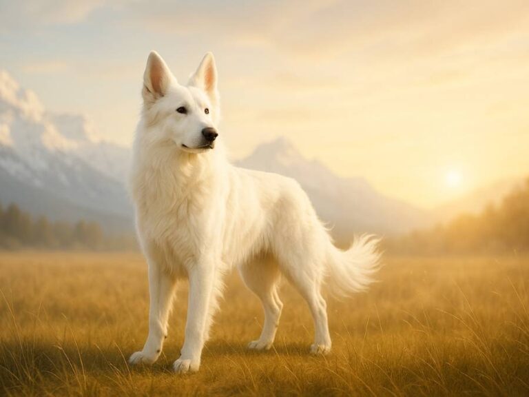 White German Shepherd standing in a sunlit field with soft golden grass and snowy mountains in the background