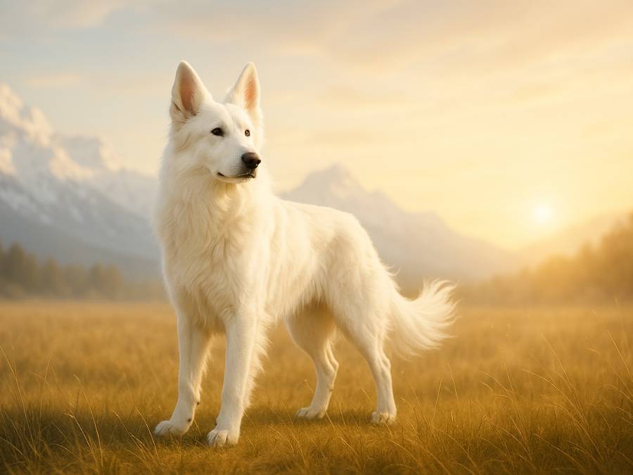 White German Shepherd standing in a sunlit field with soft golden grass and snowy mountains in the background