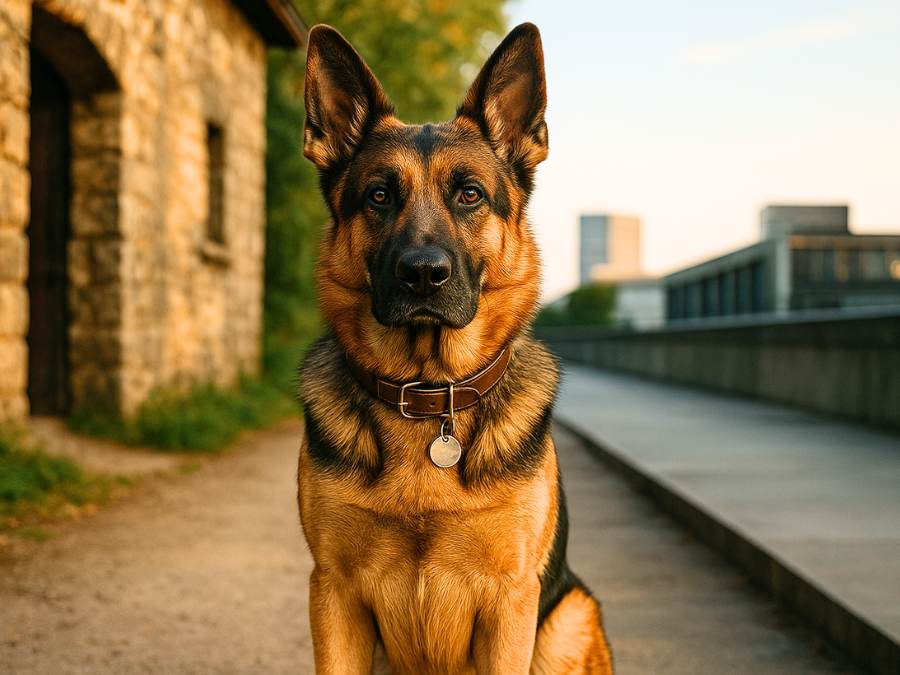 a gsd sitting next to a road