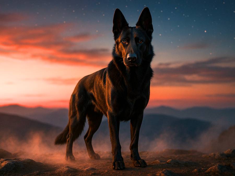 Black German Shepherd sitting on a mountain at sunset with stars appearing in the sky.
