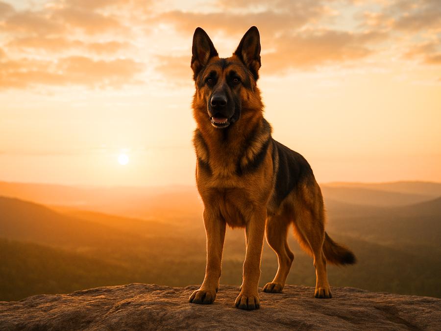 image of a brave German Shepherd standing tall on a rocky cliff at sunrise, with a glowing sky behind, symbolizing courage and loyalty.