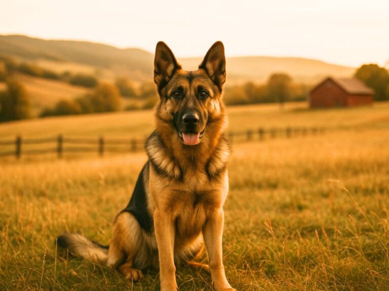 A German Shepherd sitting in a sunlit countryside field with rolling hills, a red barn, and a wooden fence in the background.