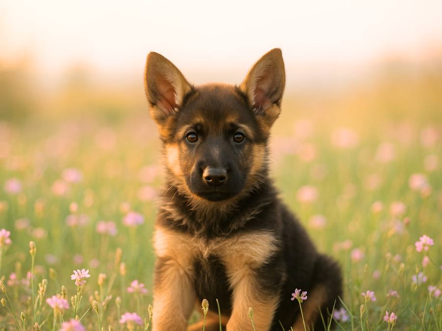 A sweet German Shepherd puppy sits in a colorful flower field at sunset, gazing up softly with room above for text.