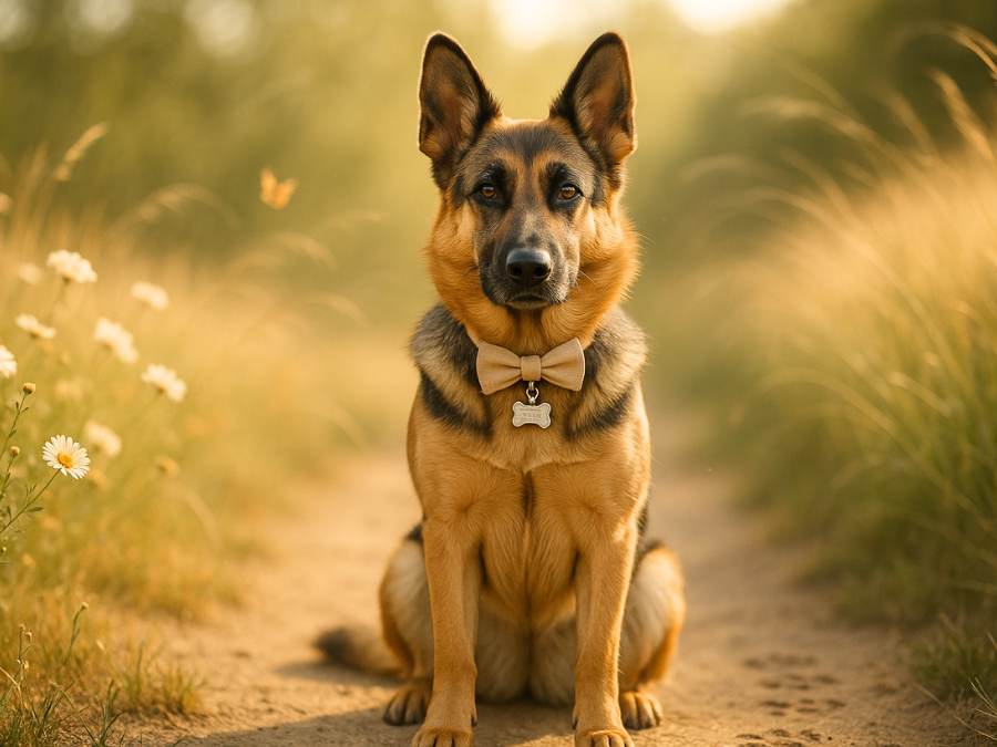 a female gsd sitting in the field