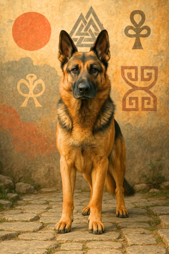 German Shepherd posing proudly on a stone path with subtle multicultural symbols in the background—representing global strength, bravery, and heritage.