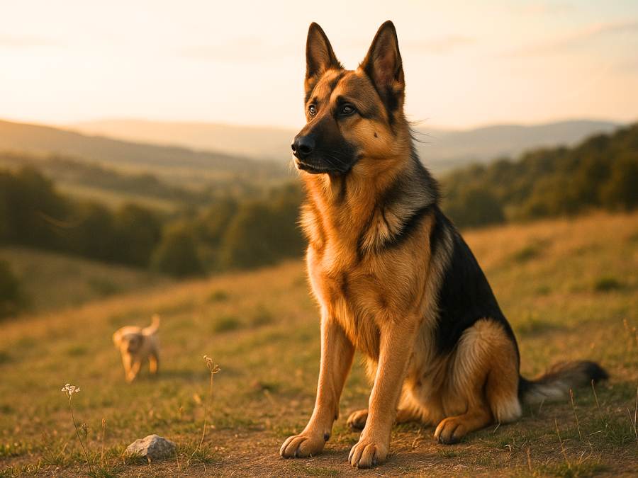 german shepherd on a rolling hill