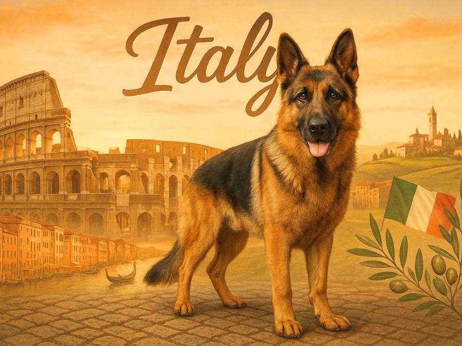 Majestic German Shepherd in front of iconic Italian landmarks at sunset with “Italy” written in the sky.