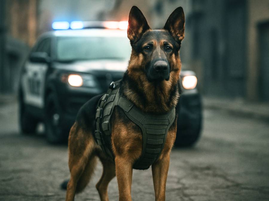 German Shepherd standing alert in front of a police SUV with flashing lights, wearing a tactical harness.