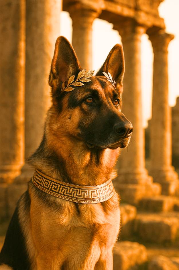 german shepherd in greek attire