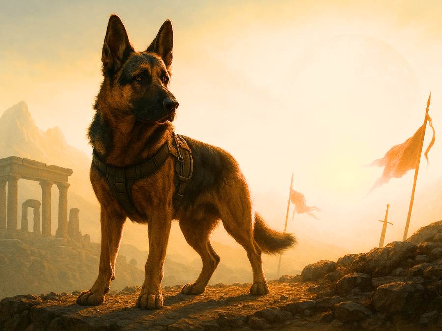 Powerful German Shepherd standing on a rocky cliff at sunrise, with blended background elements representing mythology, nature, warriors, global cultures, and tactical strength—symbolizing the meaning behind powerful German Shepherd names.