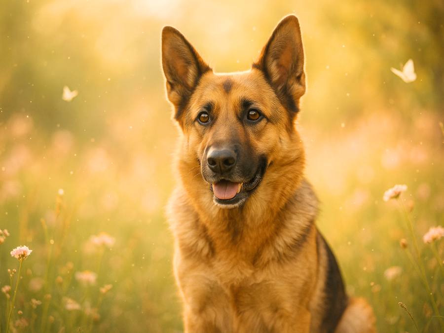 a gentle gsd sits in the meadows