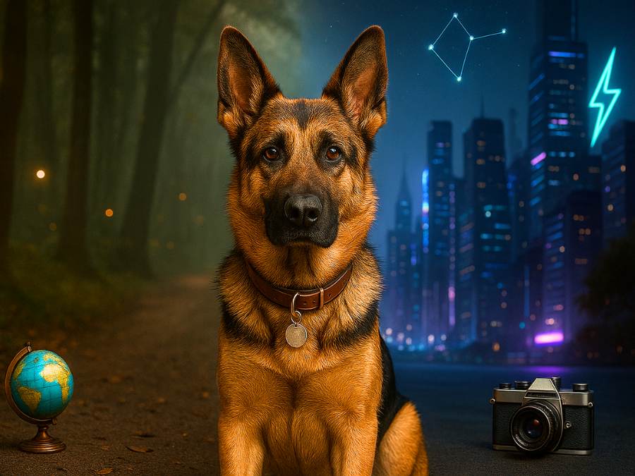 A GSD sits between a glowing forest and a neon cityscape.