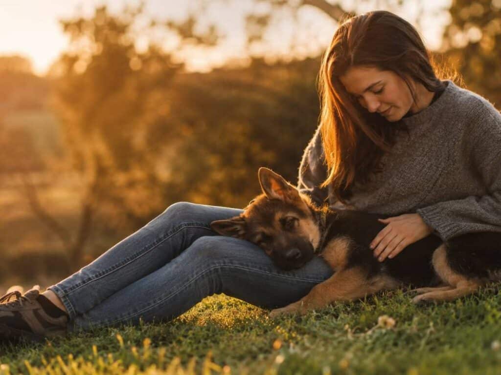 Young woman sitting on a grassy hillside at golden hour with a German Shepherd puppy resting contentedly against her side