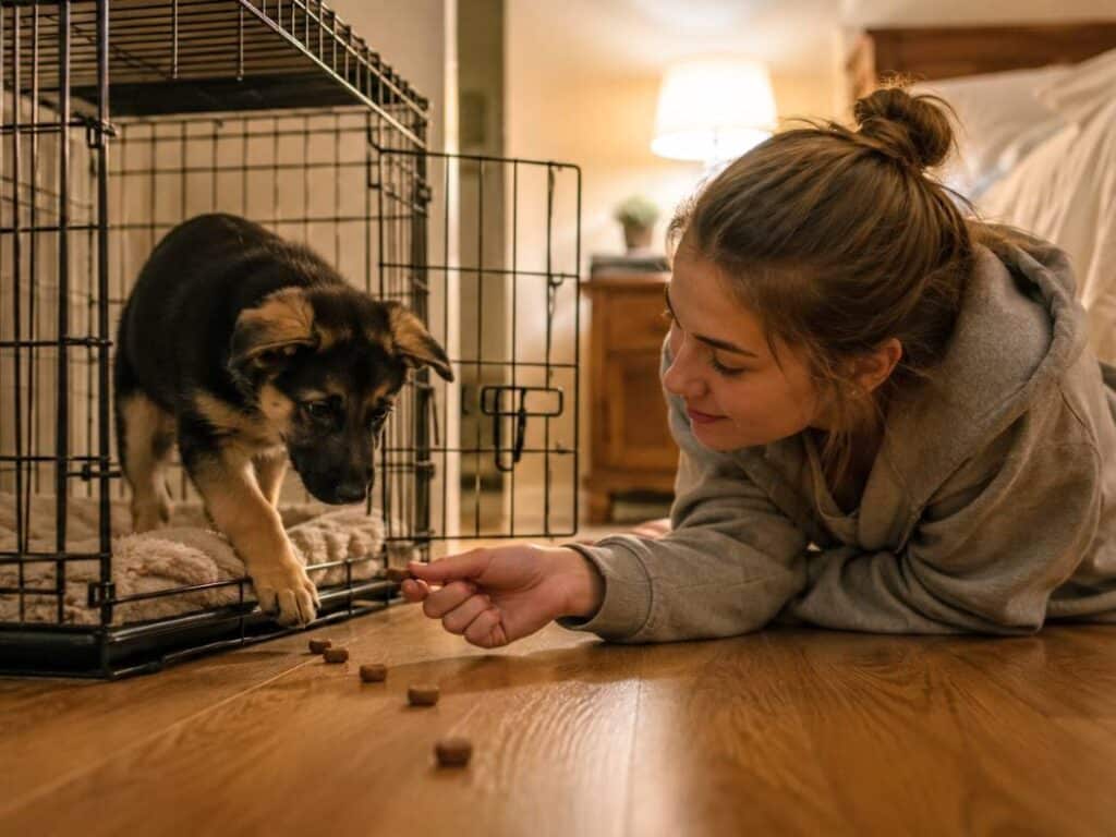 Young woman lying on the floor coaxing a cautious German Shepherd puppy into an open crate lined with a soft blanket using small treats