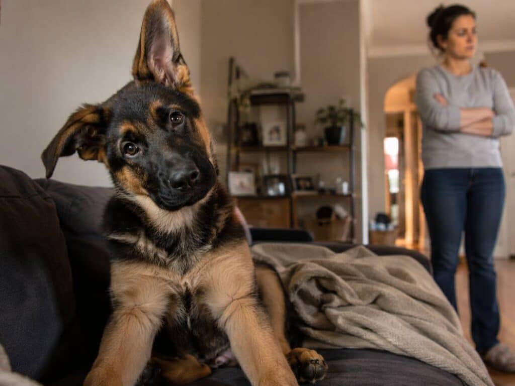 Confused German Shepherd puppy sitting on a couch with head tilted while female owner stands nearby looking uncertain about correcting the behavior