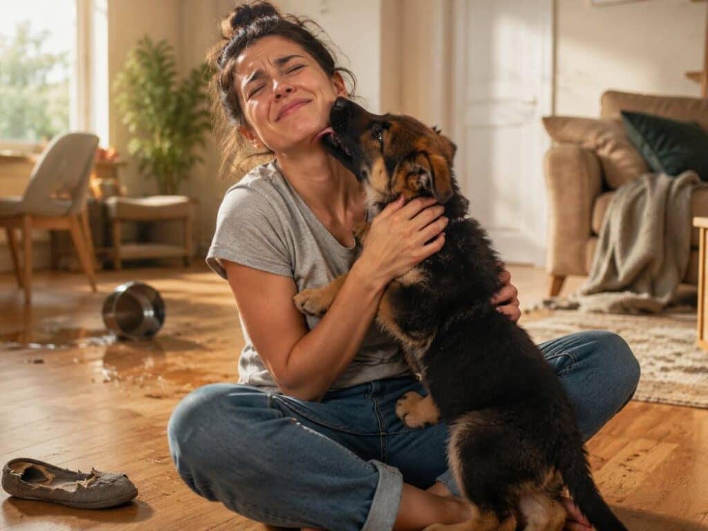 Young woman sitting on a living room floor smiling as a German Shepherd puppy climbs onto her lap surrounded by mild puppy chaos