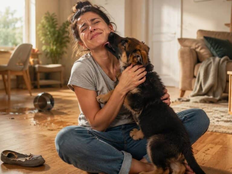 Young woman sitting on a living room floor smiling as a German Shepherd puppy climbs onto her lap surrounded by mild puppy chaos
