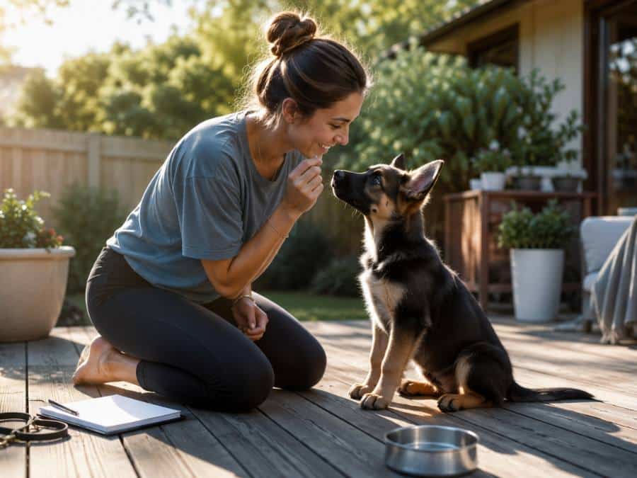 A young woman kneeling on a sunny backyard deck smiling at a small German Shepherd puppy sitting attentively in front of her during an early morning training session