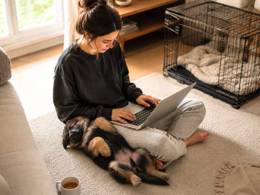 A young woman sitting on a living room rug working on a laptop while her German Shepherd puppy sleeps soundly belly-up against her knee in soft afternoon light