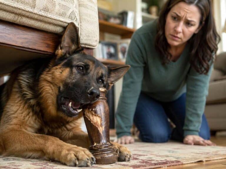 German Shepherd chewing a wooden furniture leg while a concerned woman looks on