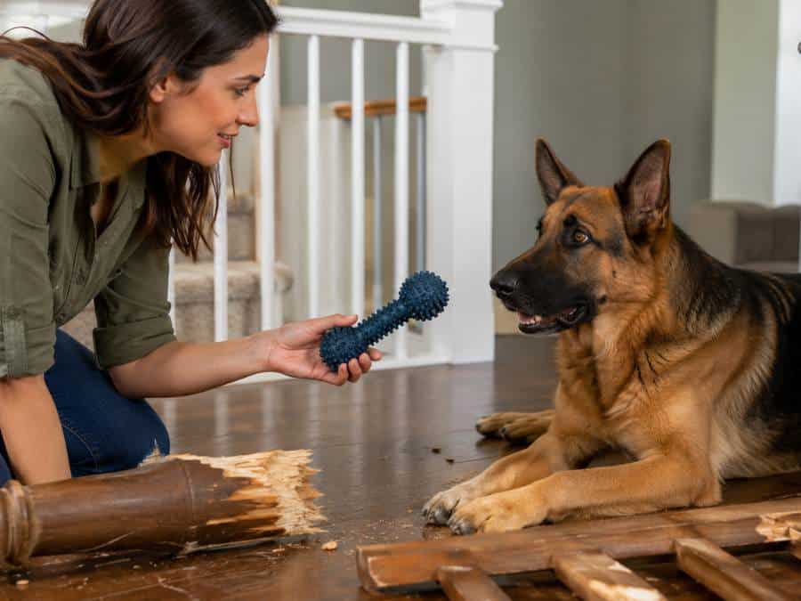 Woman offering a chew toy to a German Shepherd next to chewed wooden household items